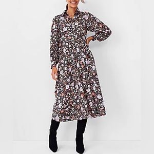 Ann Taylor Black Floral Midi Shirt Dress